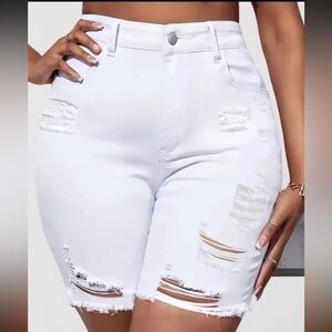 Women's Plus Size Fashion Plain White Bermuda Denim Shorts, Casual Style, Ripped